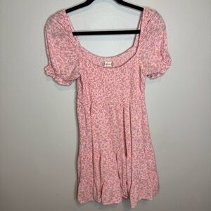 Altar’d State Addey Mini Dress Floral Pink Print Bubble Sleeve Ruched Tiered